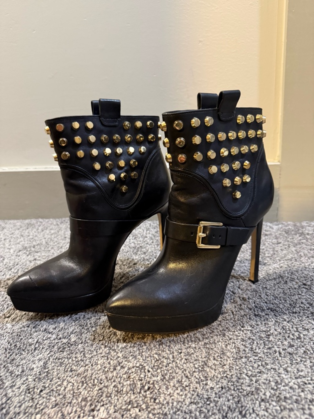 MICHAEL by Michael Kors Black Leather Platform Ankle Boots with Gold Studs